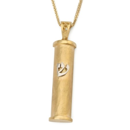 14K Gold Cylinder Mezuzah Pendant with White Gold Shin and Hammered Te