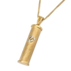 14K Gold Cylinder Mezuzah Pendant with White Gold Shin and Hammered Te