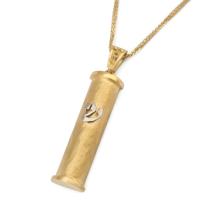 14K Gold Cylinder Mezuzah Pendant with White Gold Shin and Hammered Te