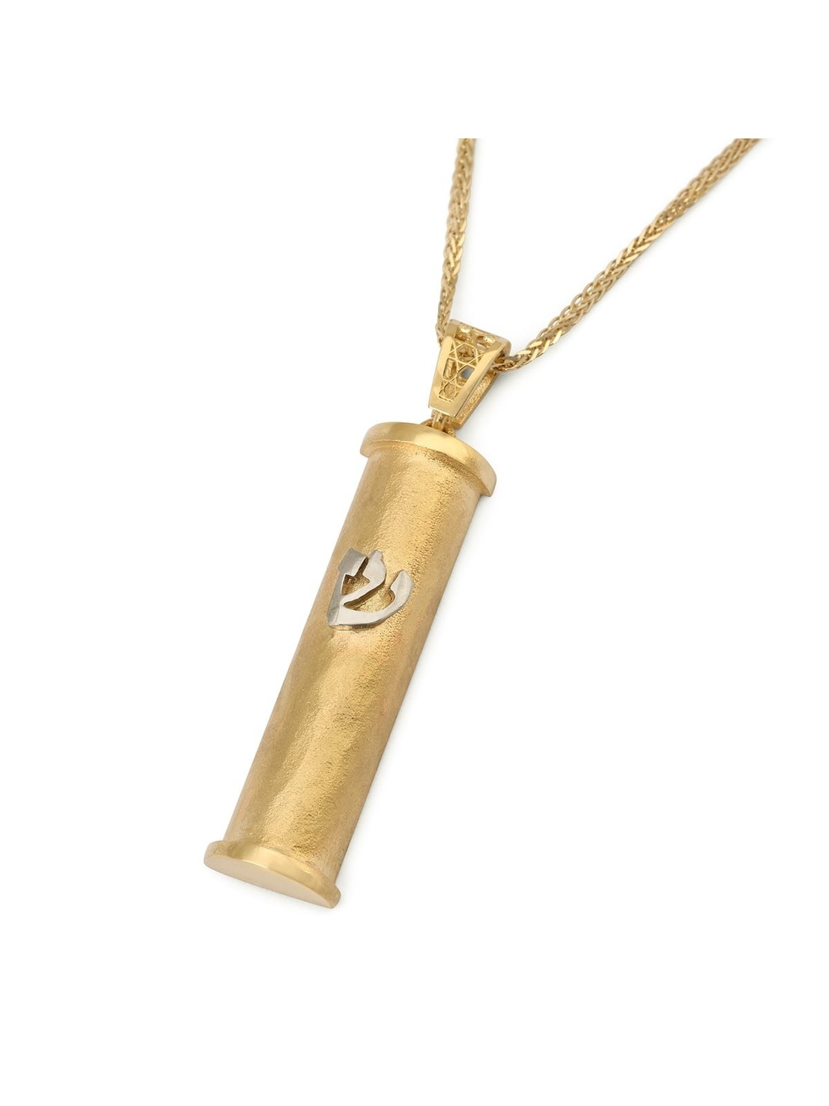 14K Gold Cylinder Mezuzah Pendant with White Gold Shin and Hammered Te