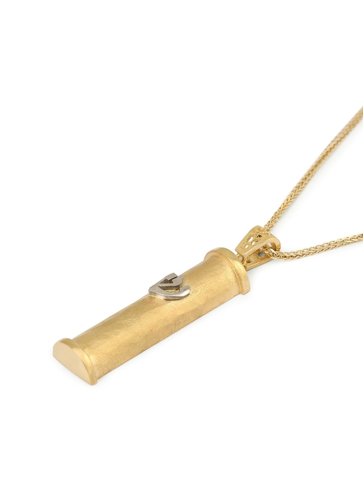 14K Gold Cylinder Mezuzah Pendant with White Gold Shin and Hammered Te