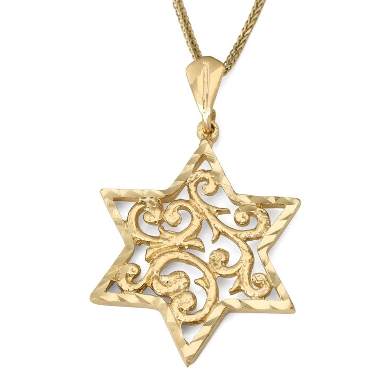 14K Gold Women's Large Star of David Pendant with Filigree Design