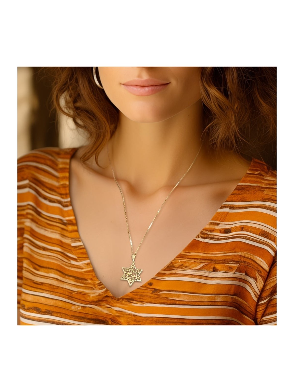 14K Gold Women's Large Star of David Pendant with Filigree Design