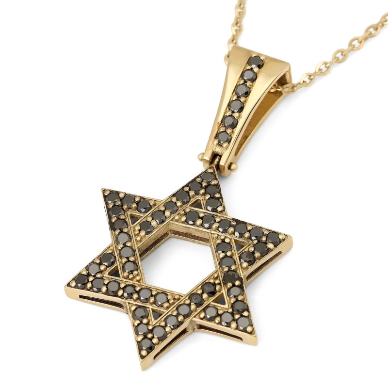 Large 14K Yellow Gold Star of David Pendant with Black Diamonds and De