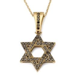 Large 14K Yellow Gold Star of David Pendant with Black Diamonds and De
