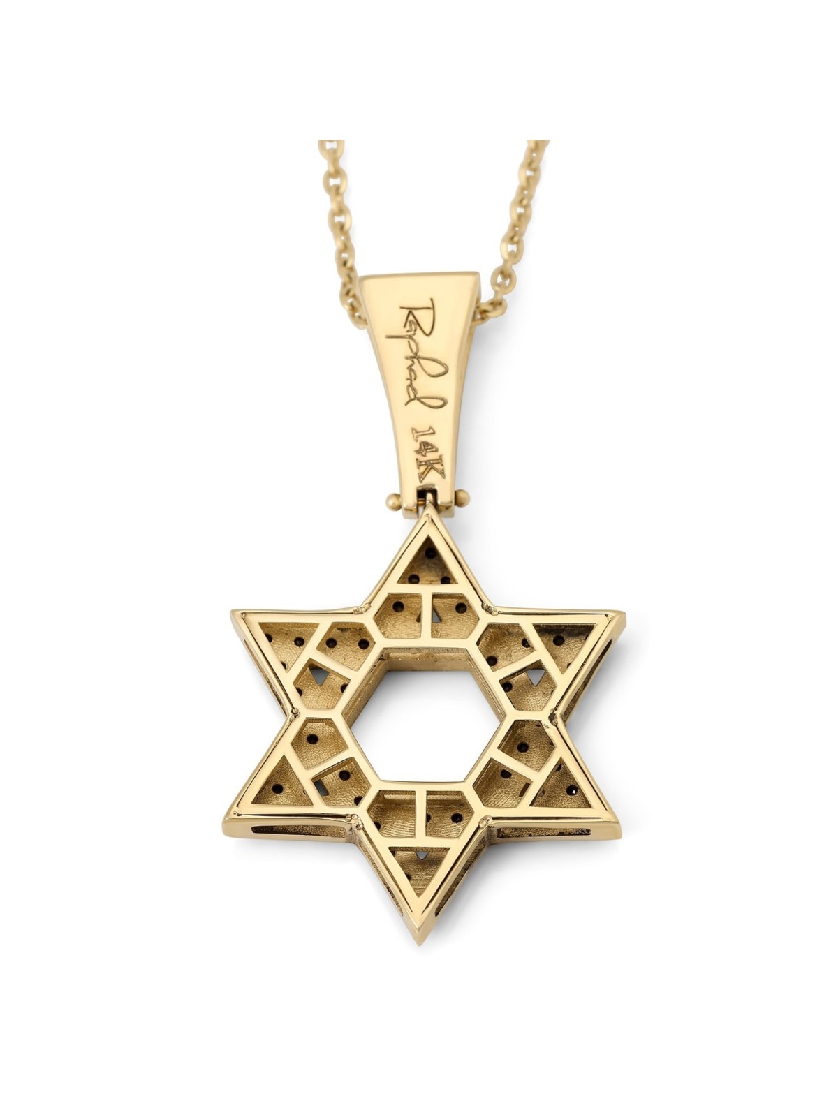 Large 14K Yellow Gold Star of David Pendant with Black Diamonds and De