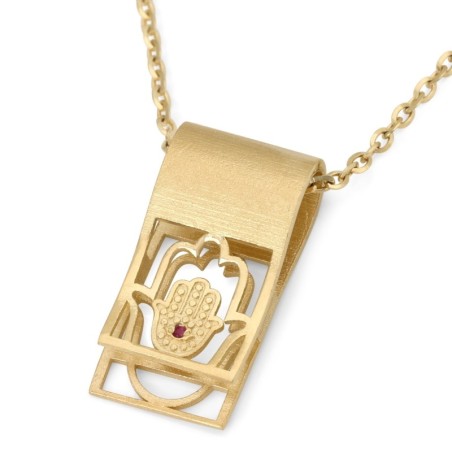 Collier pendentif rubis à languette pliée Hamsa en or 14 carats - Or jaune ou blanc