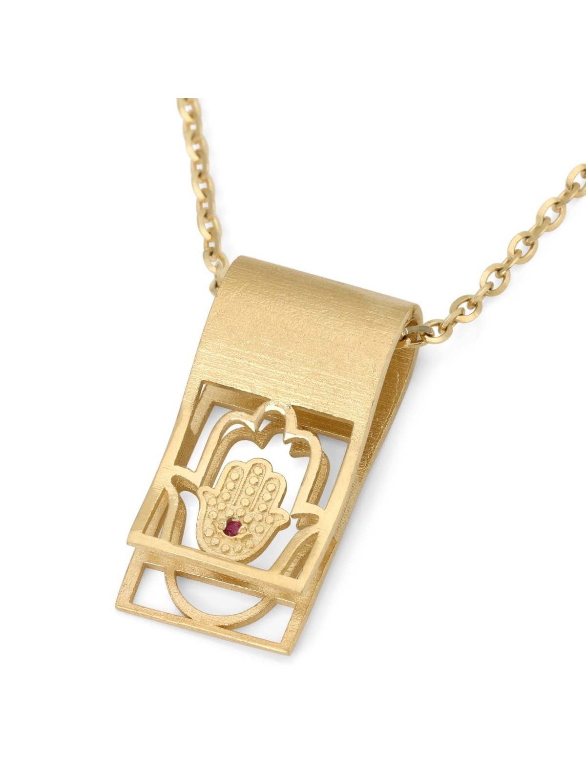 14K Gold Hamsa Folded Tab Ruby Pendant Necklace - Yellow or White Gold
