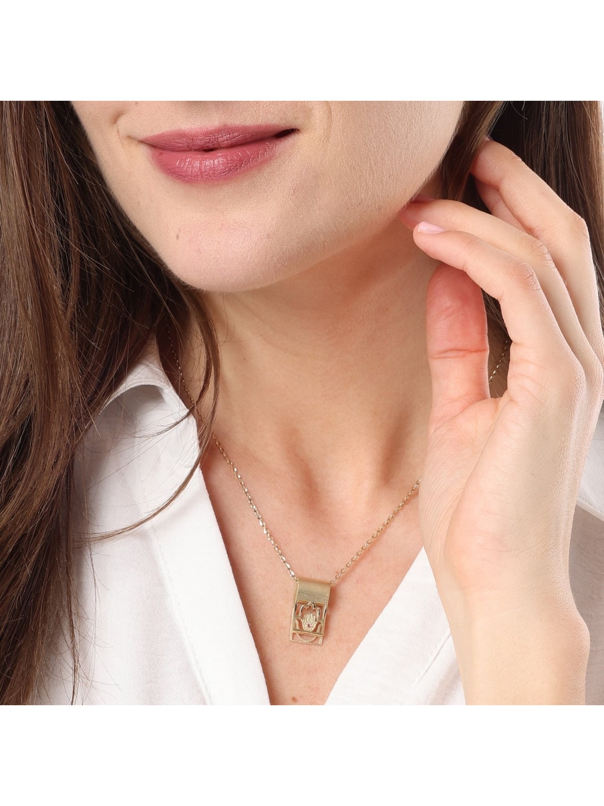Collier pendentif rubis à languette pliée Hamsa en or 14 carats - Or jaune ou blanc