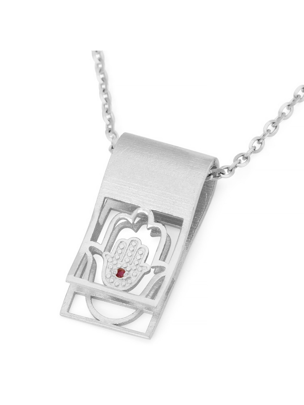 14K Gold Hamsa Folded Tab Ruby Pendant Necklace - Yellow or White Gold