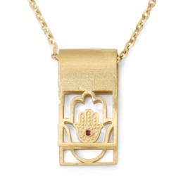 14K Gold Hamsa Folded Tab Ruby Pendant Necklace - Yellow or White Gold