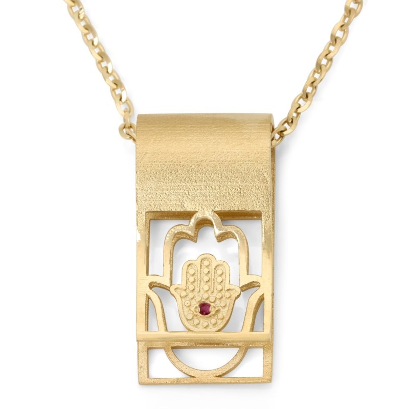 Collier pendentif rubis à languette pliée Hamsa en or 14 carats - Or jaune ou blanc
