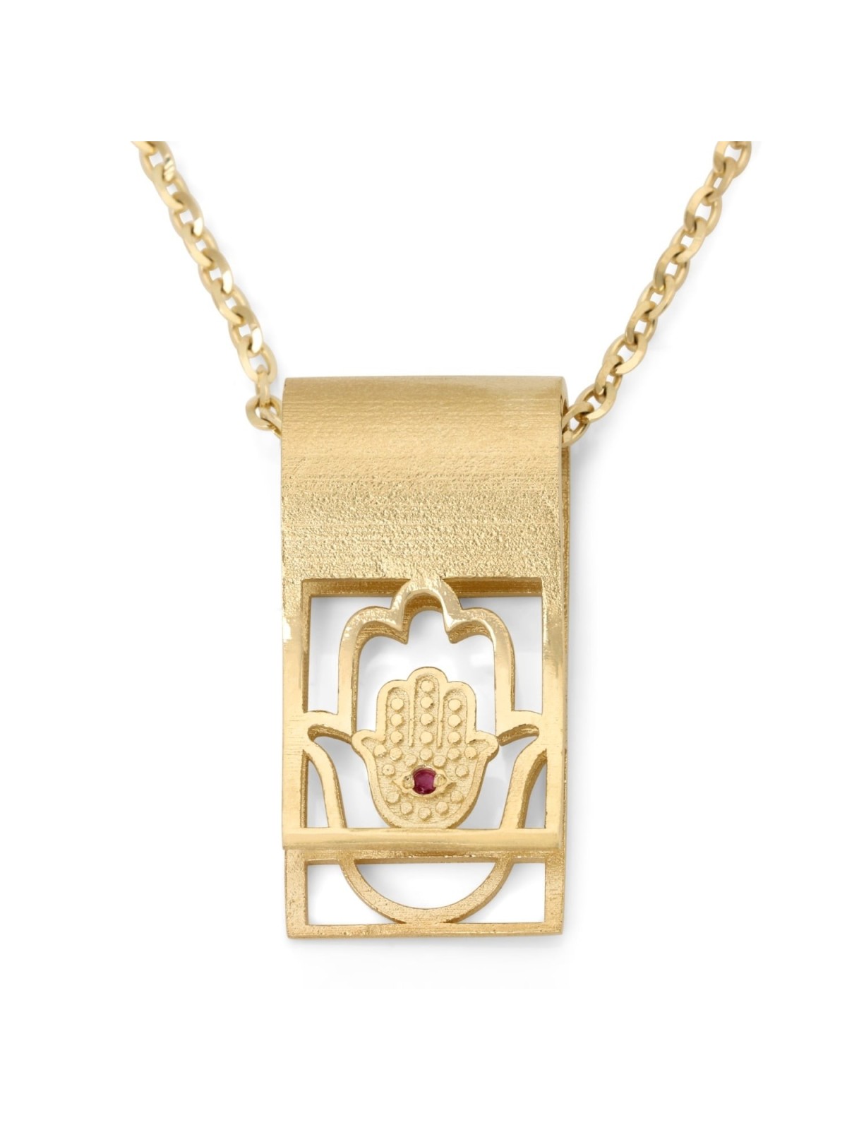 Collier pendentif rubis à languette pliée Hamsa en or 14 carats - Or jaune ou blanc