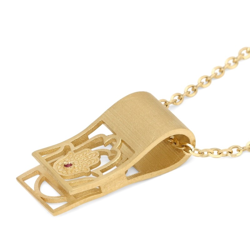 Collier pendentif rubis à languette pliée Hamsa en or 14 carats - Or jaune ou blanc