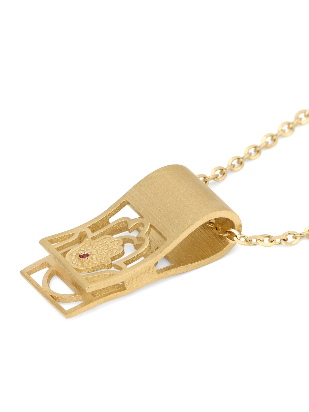 14K Gold Hamsa Folded Tab Ruby Pendant Necklace - Yellow or White Gold