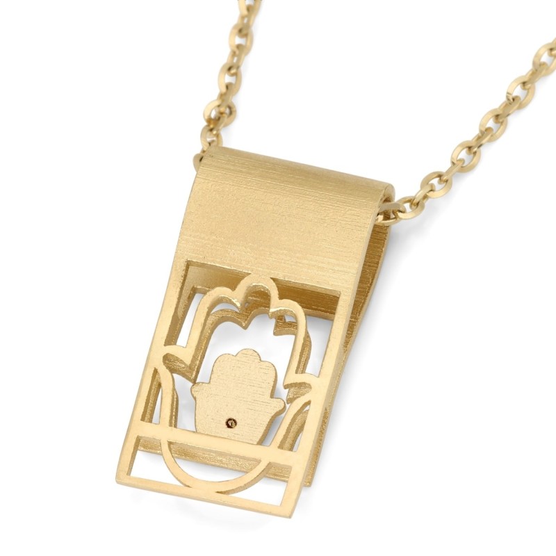 14K Gold Hamsa Folded Tab Ruby Pendant Necklace - Yellow or White Gold