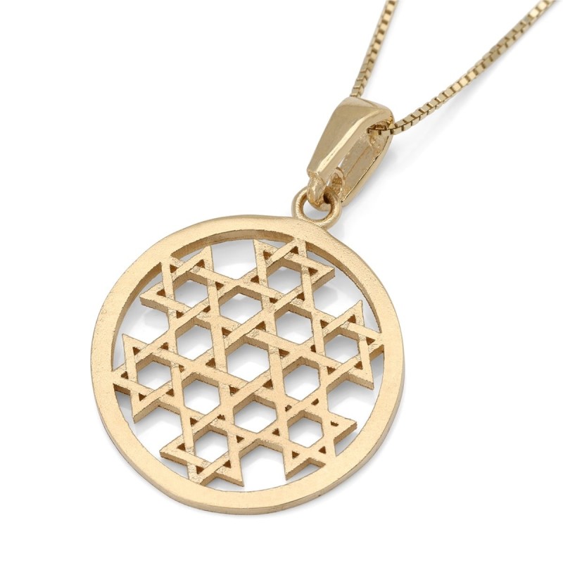 Collier pendentif rond étoile de David composé en or 14 carats