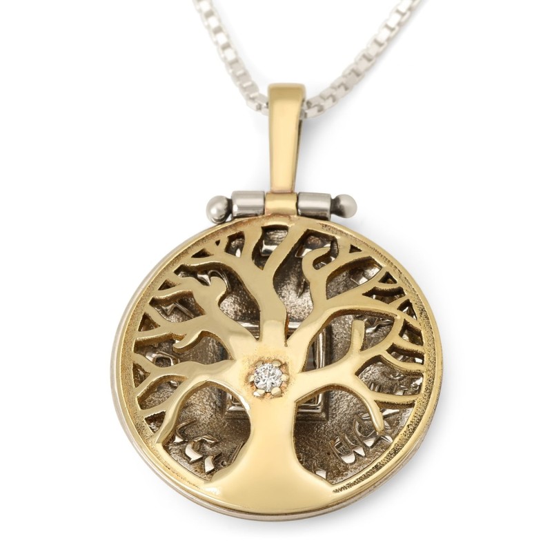 14K Gold and Sterling Silver Traveler's Prayer and Tree of Life Neckla