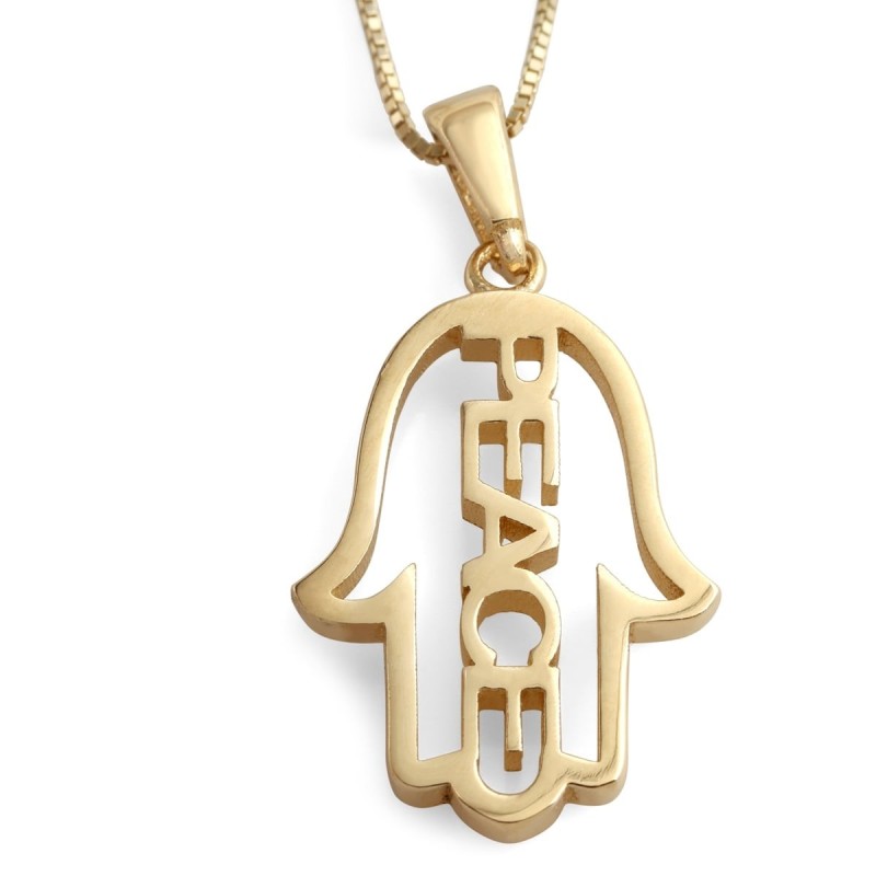 Collier pendentif Hamsa en or 14 carats avec motif paix (choix de couleurs)