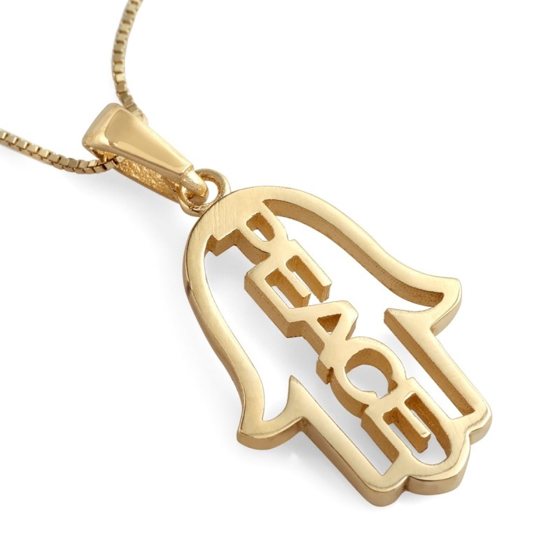 Collier pendentif Hamsa en or 14 carats avec motif paix (choix de couleurs)