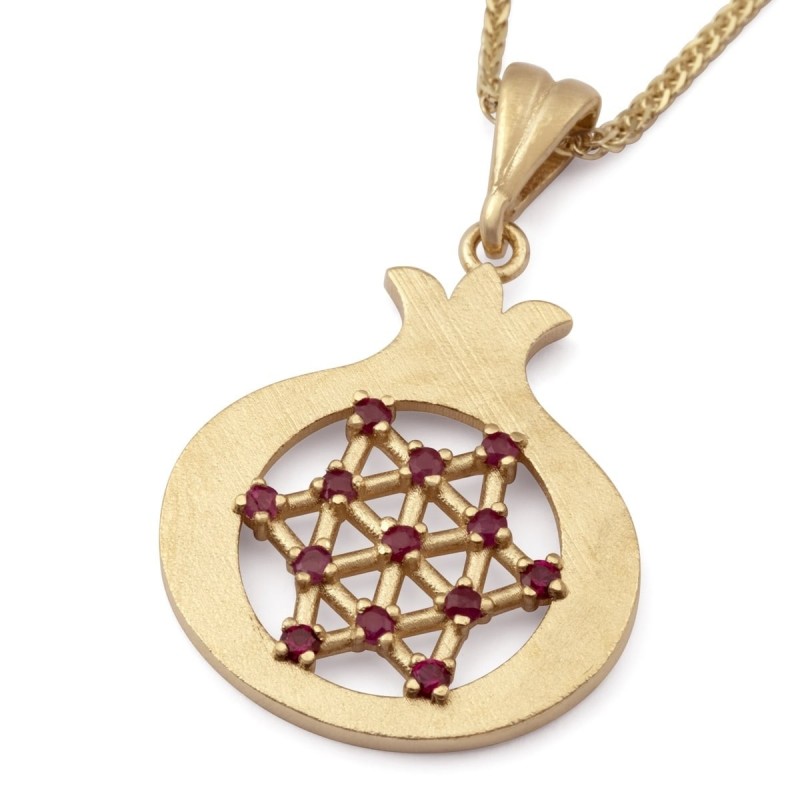 Collier pendentif grenade en or 14 carats avec étoile de David et accent rubis