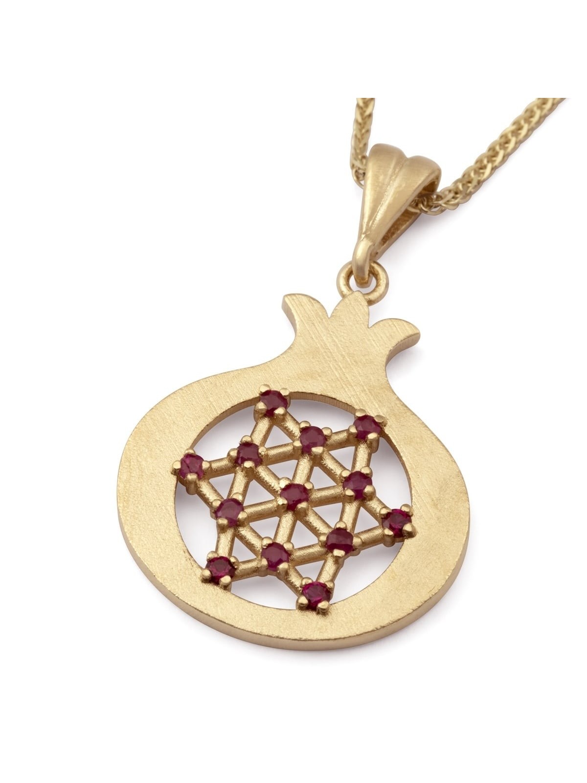 Collier pendentif grenade en or 14 carats avec étoile de David et accent rubis