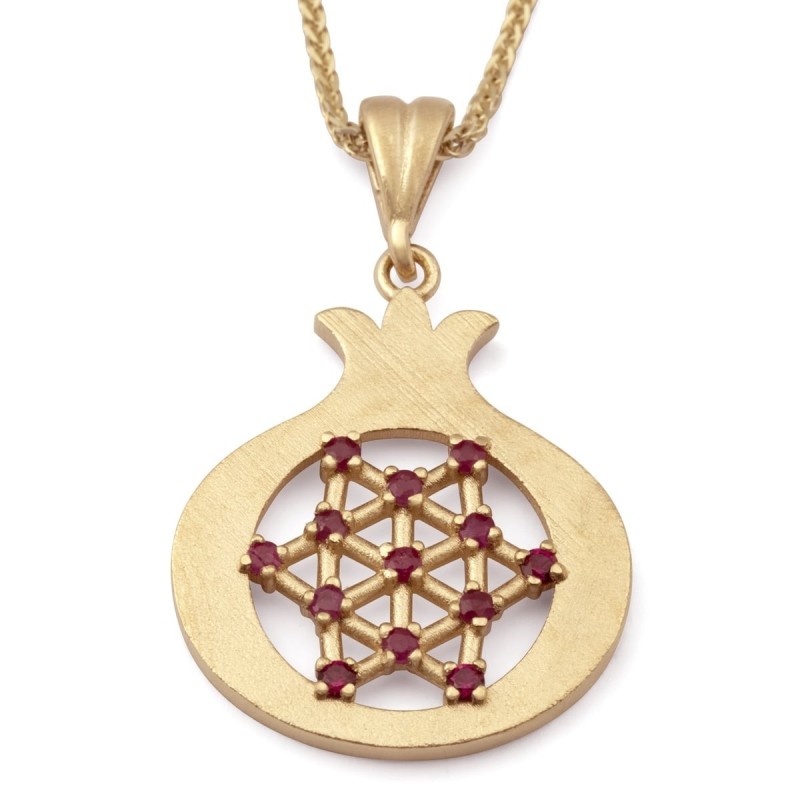 Collier pendentif grenade en or 14 carats avec étoile de David et accent rubis