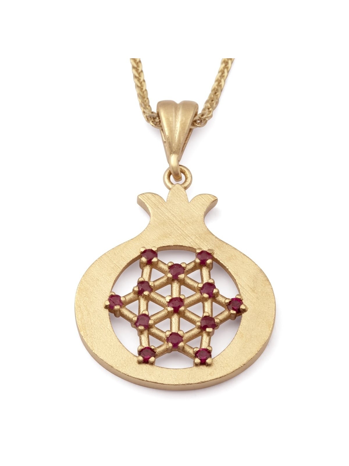 14K Gold Pomegranate Pendant Necklace with Star of David & Ruby Accent