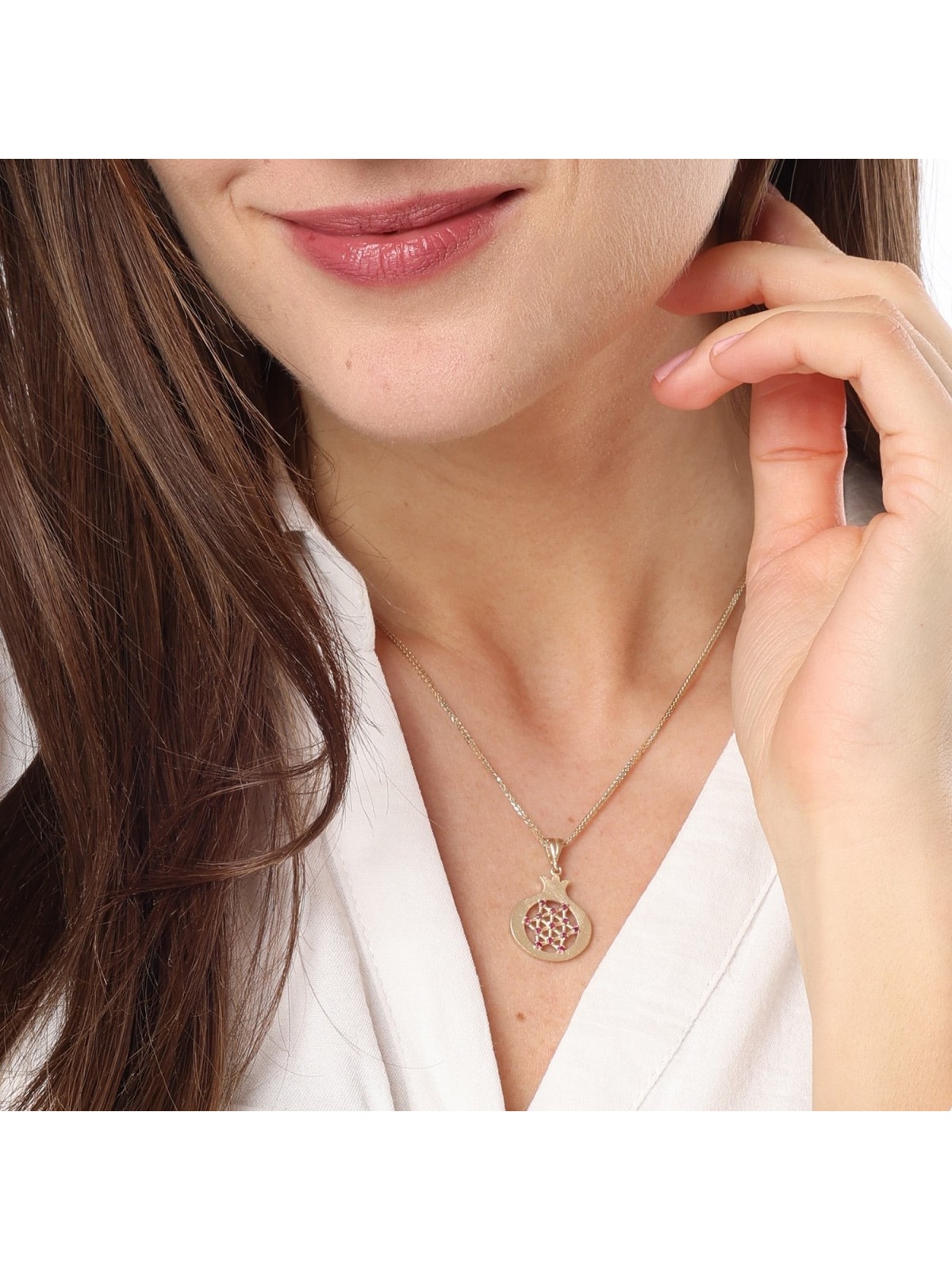 14K Gold Pomegranate Pendant Necklace with Star of David & Ruby Accent