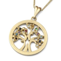 Stylish 14K Yellow Gold Tree of Life Pendant Necklace With Colorful Ge
