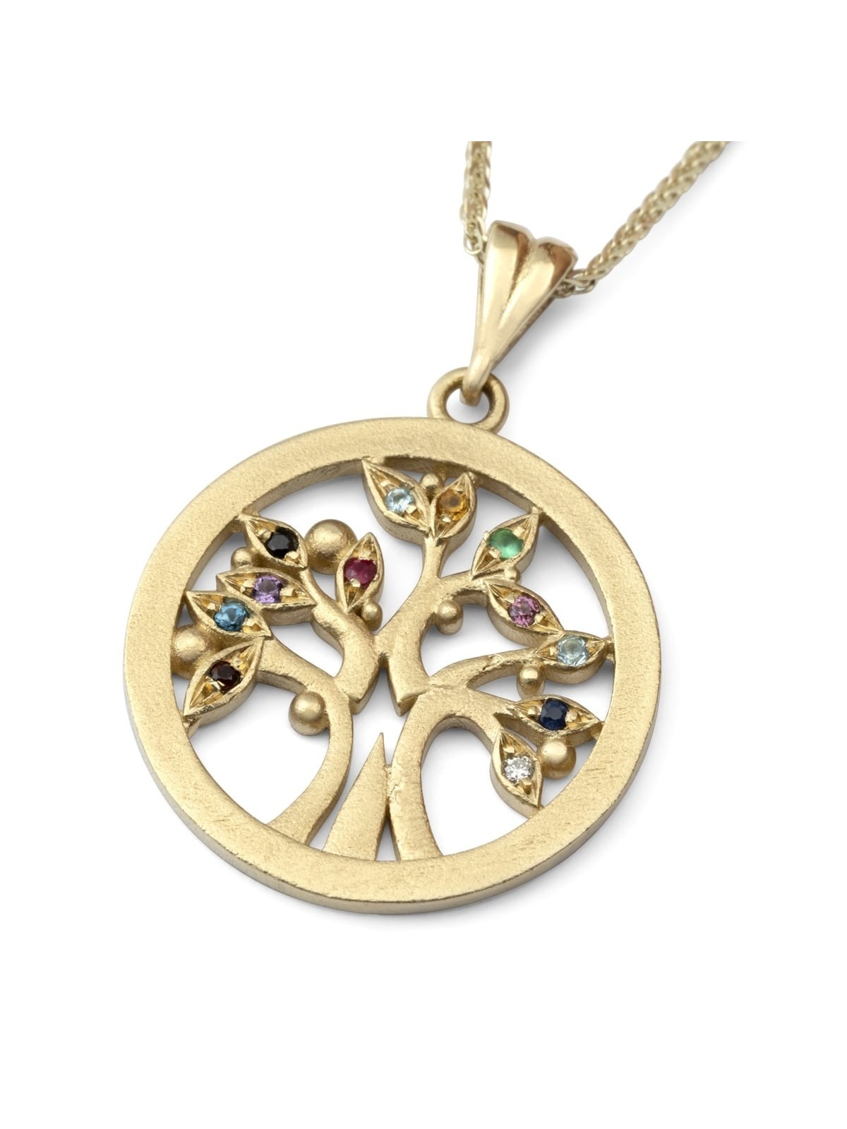 Stylish 14K Yellow Gold Tree of Life Pendant Necklace With Colorful Ge