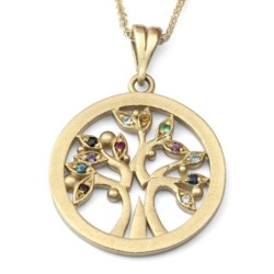 Stylish 14K Yellow Gold Tree of Life Pendant Necklace With Colorful Ge
