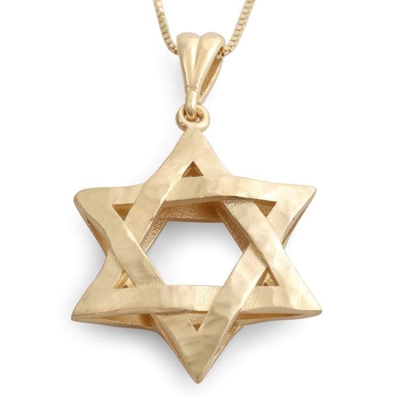 Luxueux collier à pendentif étoile de David entrelacée en or 14 carats