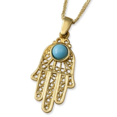 Large 14K Yellow Gold Filigree Hamsa Pendant Necklace With Turquoise S