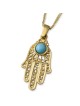 Large 14K Yellow Gold Filigree Hamsa Pendant Necklace With Turquoise S