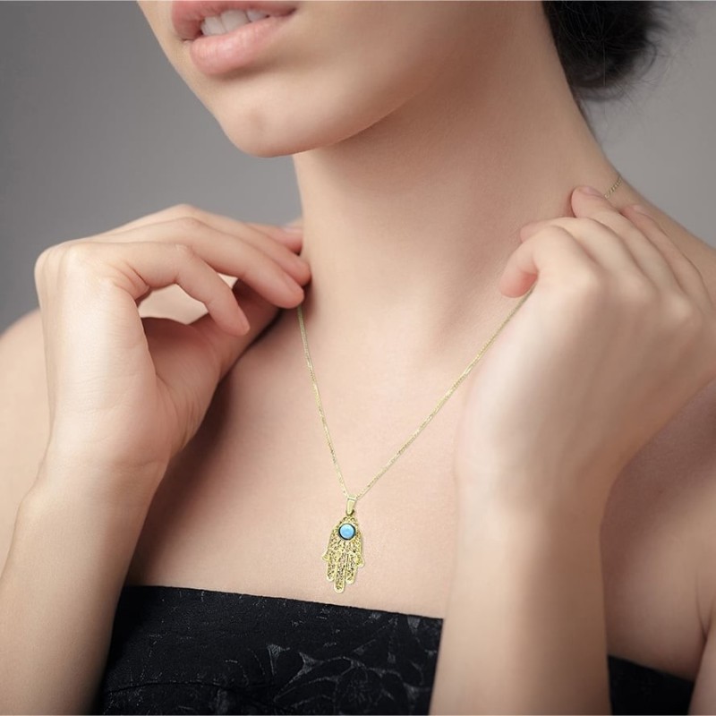 Grand collier pendentif Hamsa en filigrane en or jaune 14 carats avec turquoise S