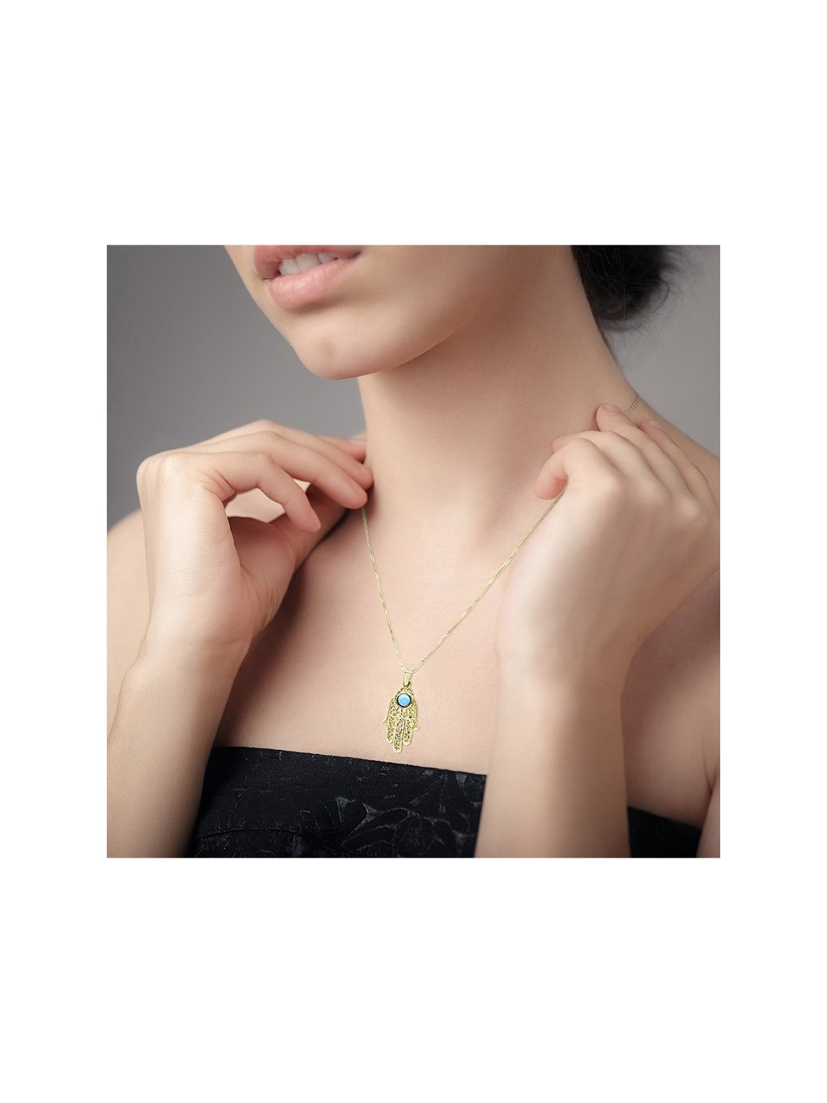 Large 14K Yellow Gold Filigree Hamsa Pendant Necklace With Turquoise S