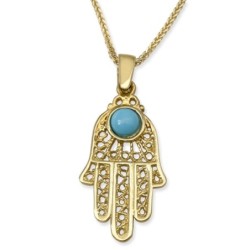 Large 14K Yellow Gold Filigree Hamsa Pendant Necklace With Turquoise S