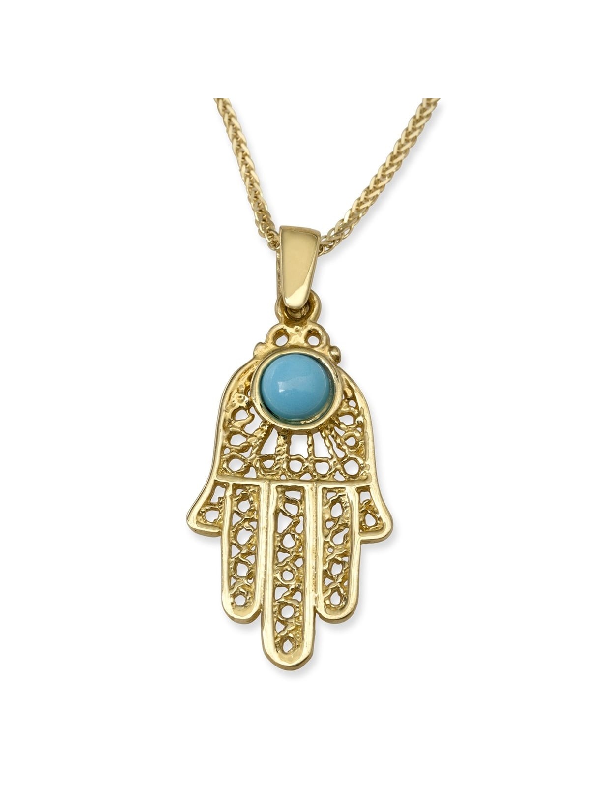 Large 14K Yellow Gold Filigree Hamsa Pendant Necklace With Turquoise S