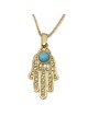 Grand collier pendentif Hamsa en filigrane en or jaune 14 carats avec turquoise S
