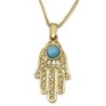Large 14K Yellow Gold Filigree Hamsa Pendant Necklace With Turquoise S