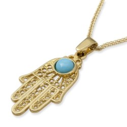 Large 14K Yellow Gold Filigree Hamsa Pendant Necklace With Turquoise S