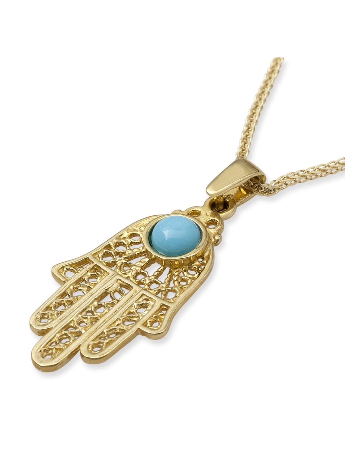 Large 14K Yellow Gold Filigree Hamsa Pendant Necklace With Turquoise S