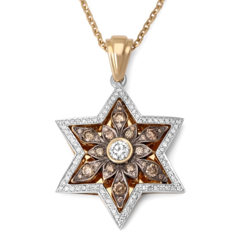 14K Gold Floral Star of David Pendant With 109 White & Champagne Diamo