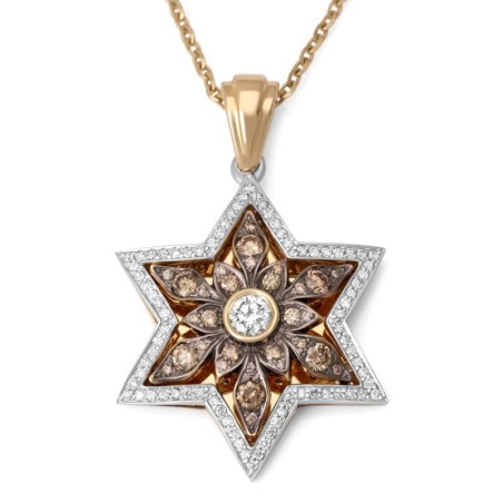 Pendentif étoile de David florale en or 14 carats avec 109 diamants blancs et champagne