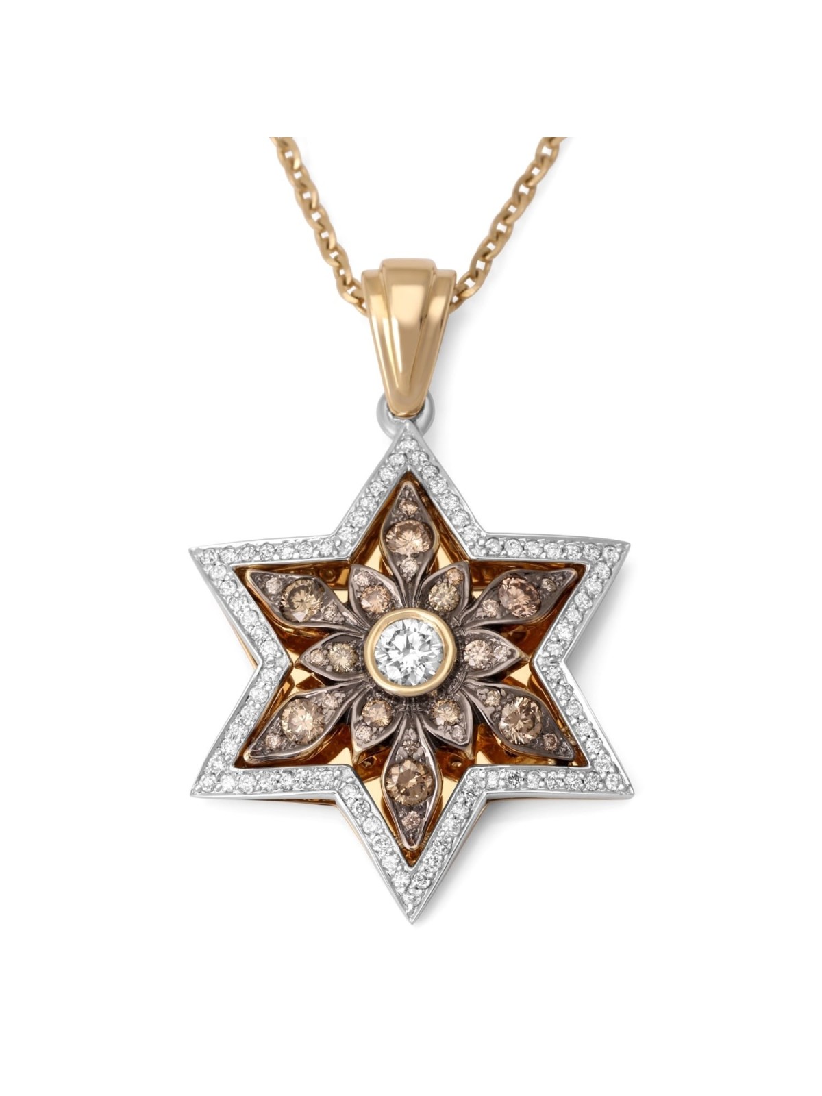 14K Gold Floral Star of David Pendant With 109 White & Champagne Diamo