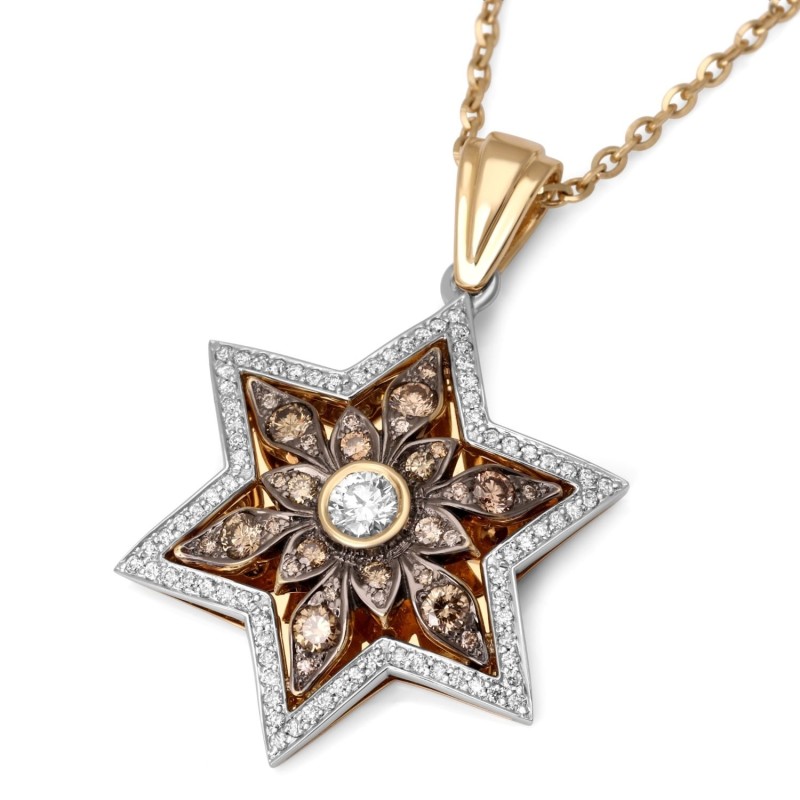 Pendentif étoile de David florale en or 14 carats avec 109 diamants blancs et champagne