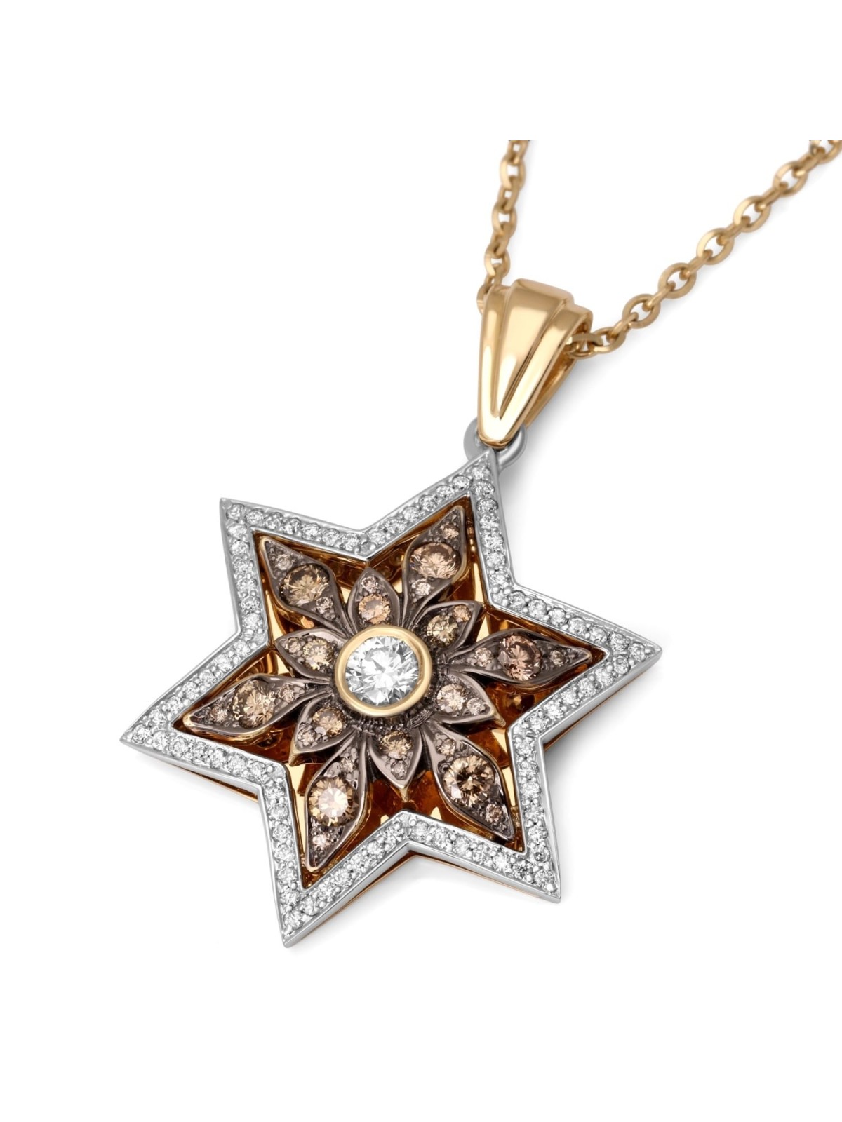 14K Gold Floral Star of David Pendant With 109 White & Champagne Diamo
