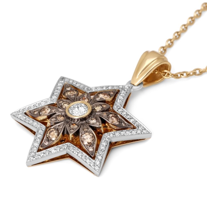 Pendentif étoile de David florale en or 14 carats avec 109 diamants blancs et champagne