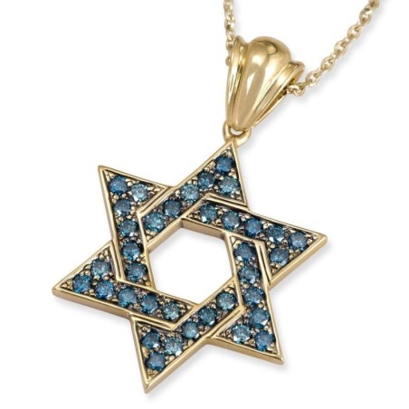 Pendentif étoile de David entrelacée en or jaune 14 carats avec 36 diamants bleus